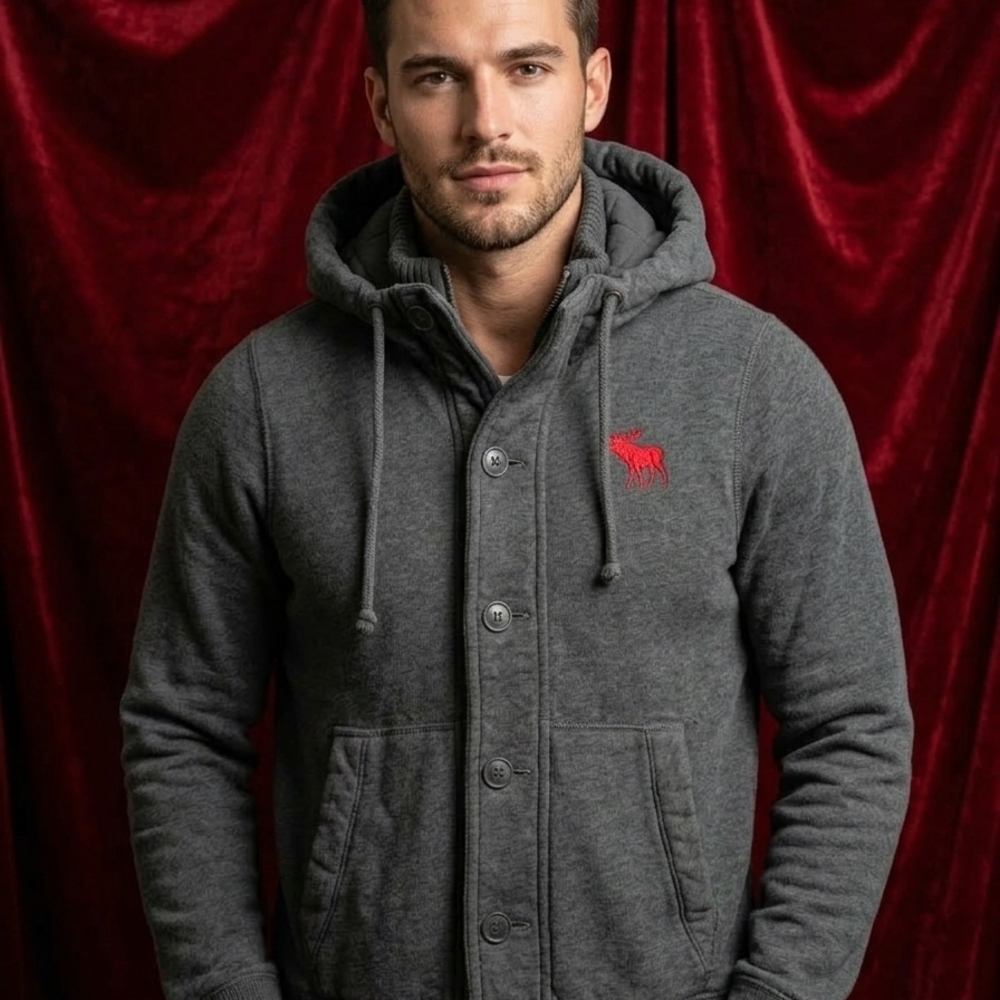 VTG Abercrombie & Fitch Gray Heavyweight Hoodie Jacket with Red  Logo Muscle Fit - Picture 2 of 11